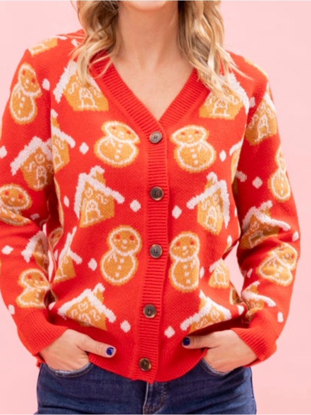 Red Gingerbread Button-Up Holiday Cardigan Sweater